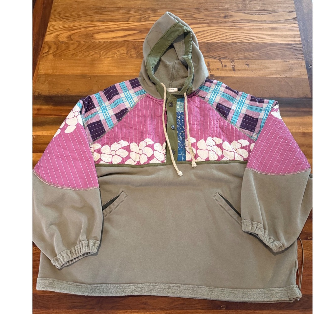 We The Free Free People Patchwork Quilted Floral Hoodie Olive Large Oversized